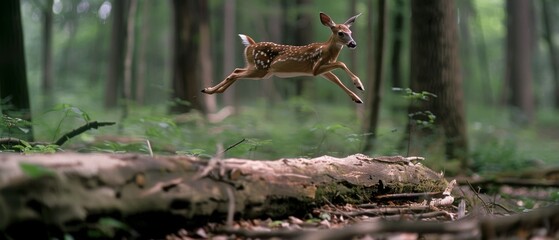 A fawn captured in mid-air leap through the lush forest, symbolizing grace and natural beauty in motion.