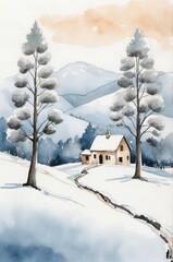 Naklejka premium Watercolor Scene with Snowy Mountains and Cabins – Vertical Romantic Winter Landscape