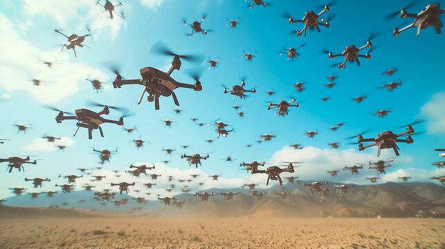 A swarm of military drones in action, future battlefield concept.
