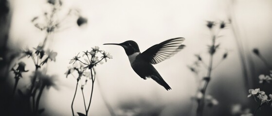 Naklejka premium A black-and-white photograph of a hummingbird in mid-flight, perfectly poised near delicate blossoms, capturing an elegant moment of nature’s beauty.