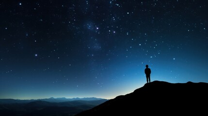 Fototapeta premium A lone silhouette stands atop a peak, gazing at a starlit sky, surrounded by the vastness of the universe, evoking a sense of awe and wonder.
