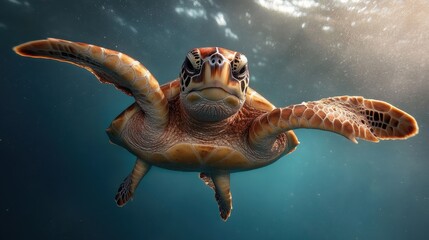 Obraz premium A close-up of a sea turtle swimming gracefully underwater, highlighted by the sun's rays, showcasing its detailed patterns and serene aura in the vast ocean.