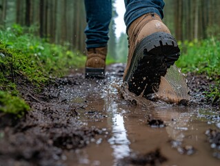 Hiking Path in Forest with Rain Puddle