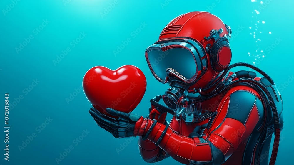 Poster man in a red diving suit holding a red heart. the man is underwater and the heart is floating in fro