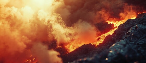 Naklejka premium Fiery lava flows illuminate dark rocks, casting a warm, intense glow into the smoky ambiance, embodying raw, untamed earth energy.