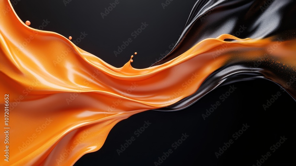 Poster a captivating image that features a swirl of vivid orange and deep black liquid elements combining e