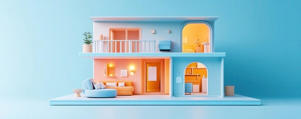 A colorful model of a house showcases a modern interior with soft lighting, highlighting casual living spaces and a welcoming atmosphere.