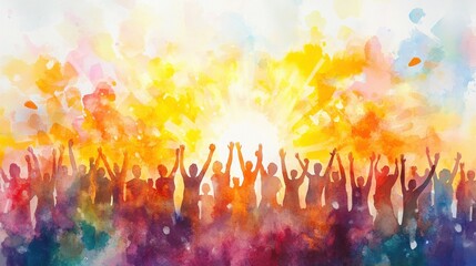 Vibrant celebration with joyful silhouettes against a colorful background.