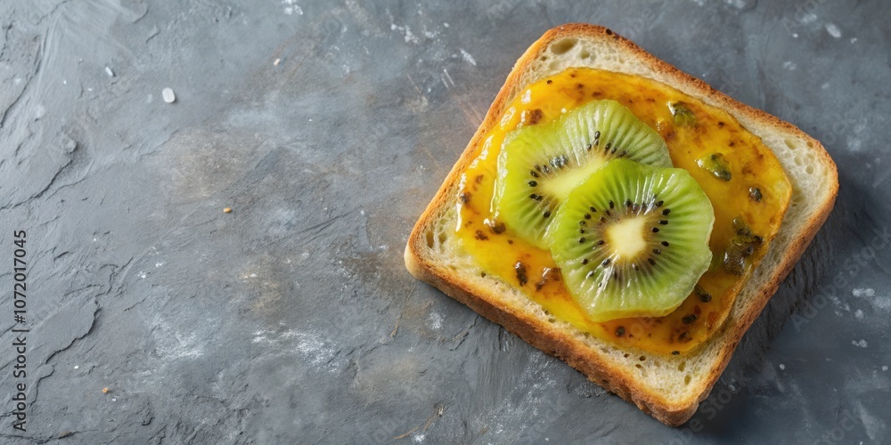 Poster a toast with a sweet and tangy yellow spread topped with three slices of kiwi fruit, showcasing a vi