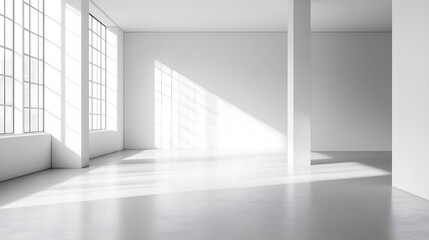 bright, empty white room with minimalist design and large windows. Natural light creates shadows