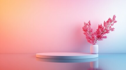 A clean, minimalist space featuring a round platform and vibrant pink flowers against a warm pastel gradient background, offering a sense of tranquility and style.