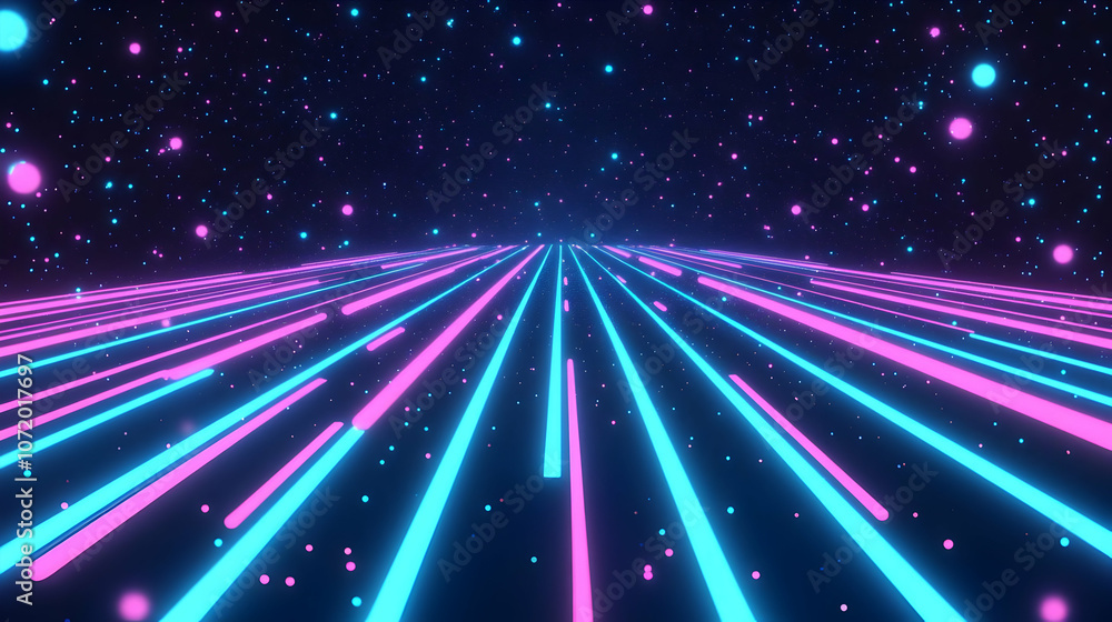 Poster abstract 3d neon lines with a cosmic background - retro futuristic style
