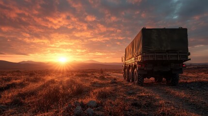 Obraz premium A military truck is shown parked on a rugged landscape during a vibrant sunset, symbolizing strength, journey, and the poignant beauty of endings and beginnings.