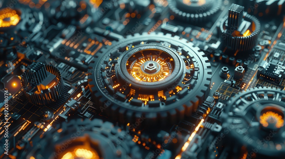 Poster a close-up of intricate mechanical gears and circuits with glowing elements.