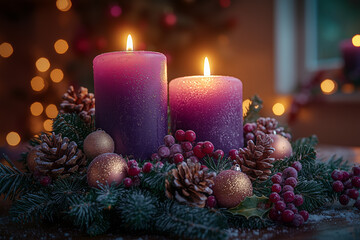 Peaceful Advent Wreath with Candlelight, Symbolizing Christmas Anticipation