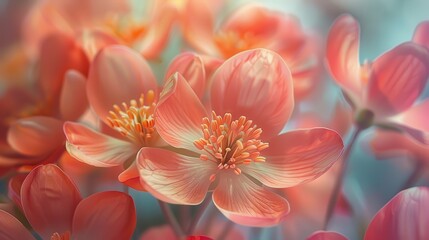 Naklejka premium A close-up of delicate pink flowers with soft lighting, showcasing their beauty and detail.