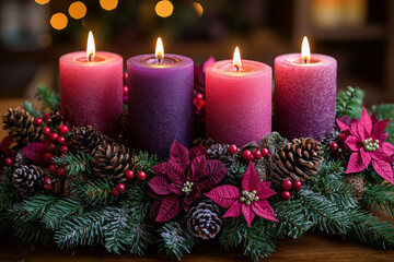 Peaceful Advent Wreath with Candlelight, Symbolizing Christmas Anticipation