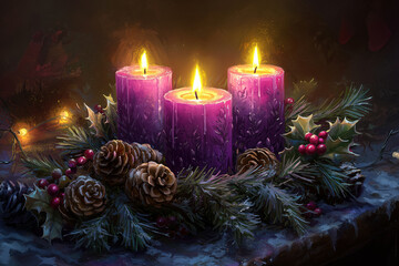 Peaceful Advent Wreath with Candlelight, Symbolizing Christmas Anticipation