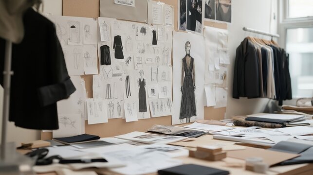 Design workspace filled with sketches, fabric swatches, and clothing designs in a bright, creative studio during the afternoon.