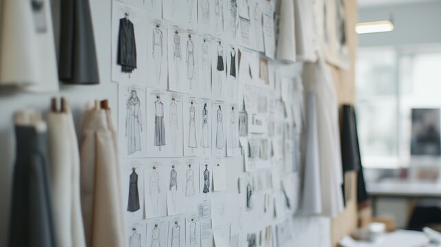 Design sketches displayed on a wall in a fashion studio showing various dress concepts and fabric swatches during the creative process.