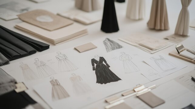 Fashion design workspace showcasing sketches and fabric samples on a table with creative elements in a studio setting.