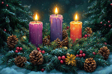 Peaceful Advent Wreath with Candlelight, Symbolizing Christmas Anticipation