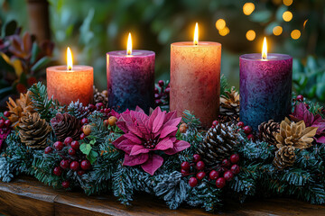 Peaceful Advent Wreath with Candlelight, Symbolizing Christmas Anticipation