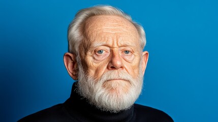 Obraz premium distinguished elderly man with silver hair and beard, intense eyes, wearing black turtleneck, with soft light emphasizing wrinkles and deep shadows for cinematic mood