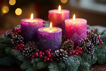 Peaceful Advent Wreath with Candlelight, Symbolizing Christmas Anticipation