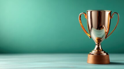 An elegant image of a shining golden trophy standing proudly on a wooden base set against a teal background, symbolizing achievement and success in competitions.