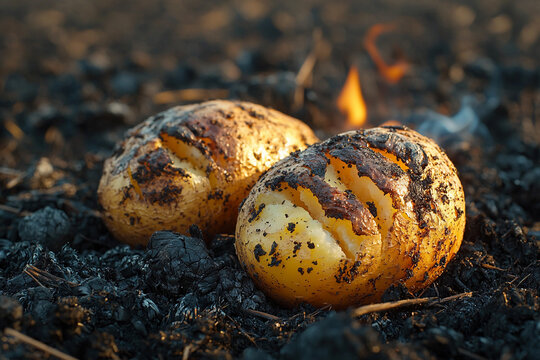 Roasted potatoes cooking on hot coals in a rustic outdoor setting