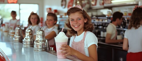 Smiling waitress in a vintage diner serves a pink milkshake, capturing nostalgia and charm with striped uniforms and a retro soda fountain.