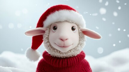 White sheep wearing a red hat and a red sweater. The sheep is smiling and looking at the camera
