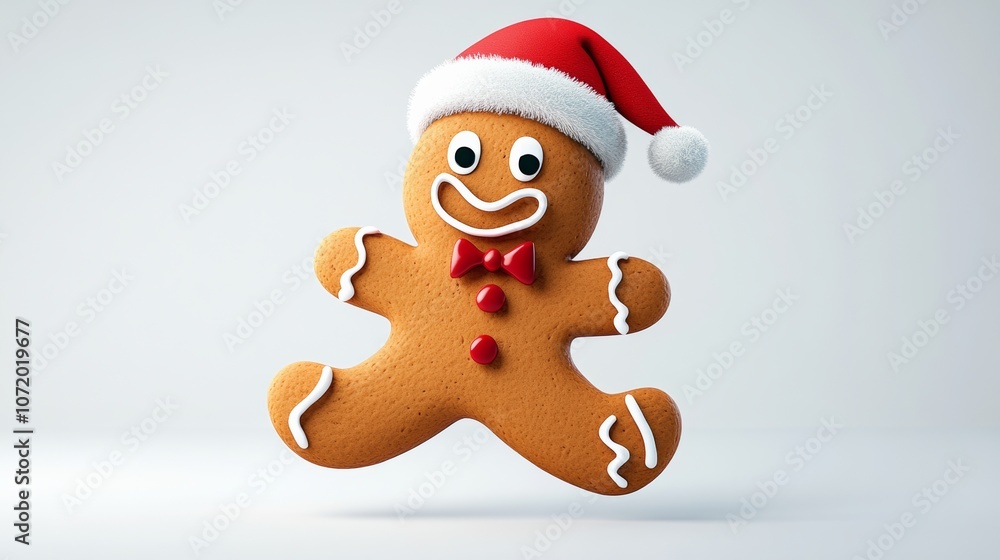 Poster gingerbread man with a red bow tie and a red hat. he is smiling and looking at the camera