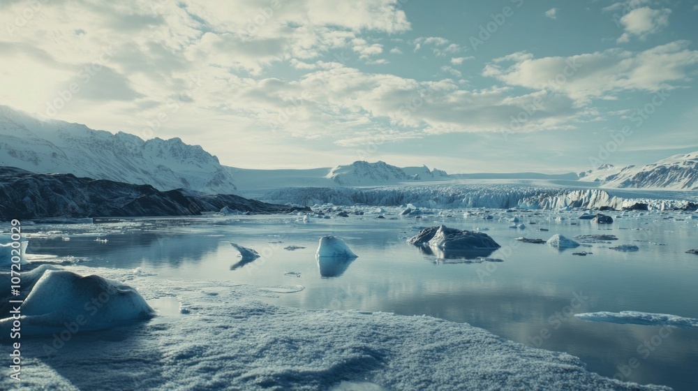 Poster a large body of water with ice floating on top
