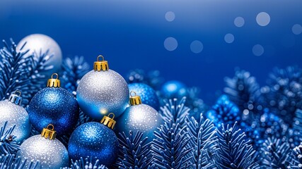 blue christmas balls on snow