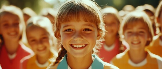 A joyful child beams with a radiant smile among a group of friends, her happiness and vitality capturing the pure essence of youthful joy.