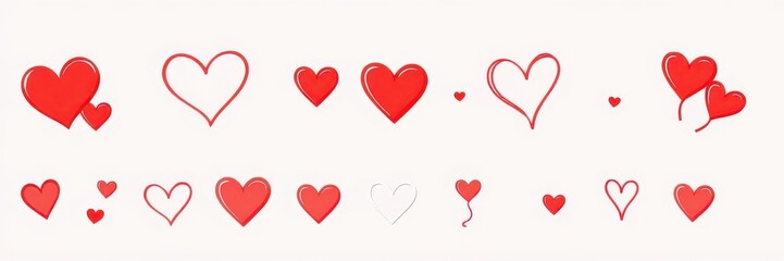 Red heart icons set in various sizes and styles to use as design elements, illustration, graphic, collection