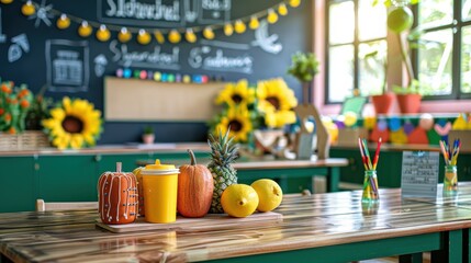 Classroom table decorated with autumnal elements including pumpkins, fruits, and sunflowers. Bright, seasonal colors and festive details bring a cheerful atmosphere to this educational space.