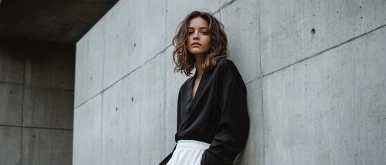 A woman with wavy hair leans against a concrete wall, wearing a black top and white skirt, exuding confidence and modern elegance.