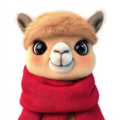 Fototapeta premium A cute cartoon llama wearing a red scarf with big expressive eyes, perfect for children's illustrations.
