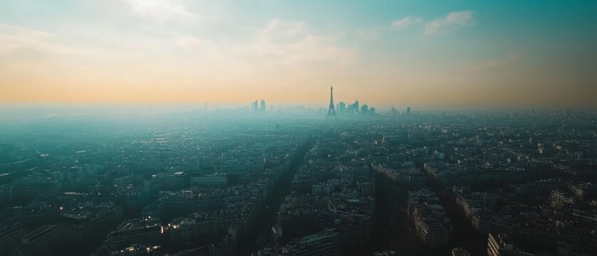 A misty morning reveals a sprawling cityscape of Paris, punctuated by the iconic Eiffel Tower.
