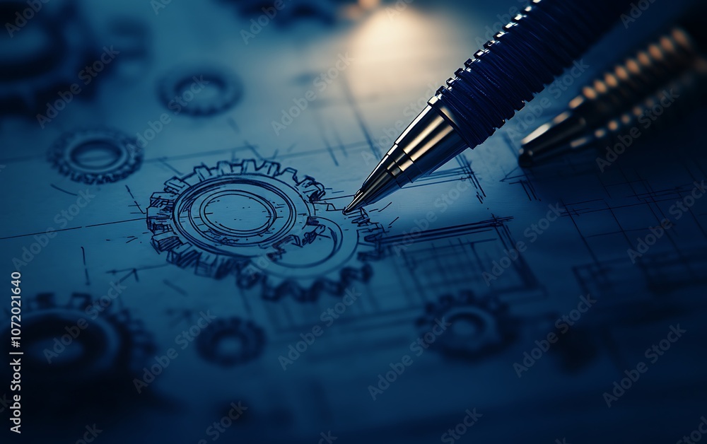 Leinwandbilder a close-up of a pen resting on a blueprint featuring mechanical gears and technical drawings, emphas