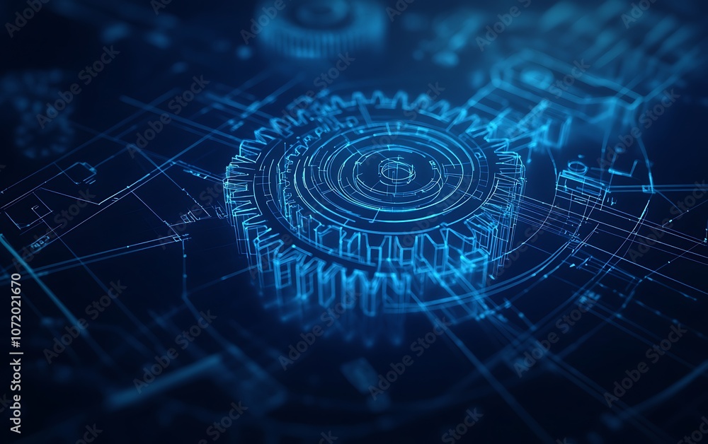 Poster A high-tech illustration featuring a glowing, holographic gear surrounded by intricate digital patterns and networking lines on a dark background.
