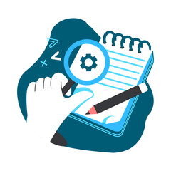 Students research. People studying. Write in notebook. Notepad with pencil. Looking through magnifying glass. Arm holding magnifier. Searching answer. Audit check. University education. Vector concept