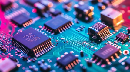 Obraz premium Close-up of a circuit board with integrated circuits and resistors.