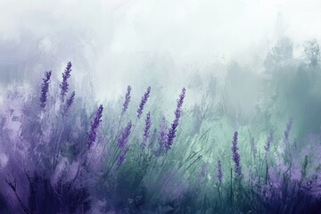 Fototapeta premium Art lavender stems with soft purples and greens, blending into a hazy, ethereal landscape