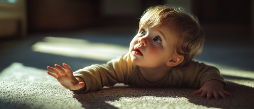 A curious baby crawls on a sunlit carpet, reaching out toward a world of endless possibilities with wonder and innocence. - Powered by Adobe