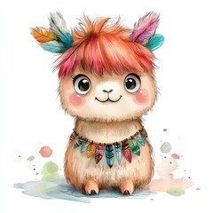 Fototapeta premium A cute, colorful llama with vibrant feathers and a playful expression, perfect for kids' art and whimsical decor.