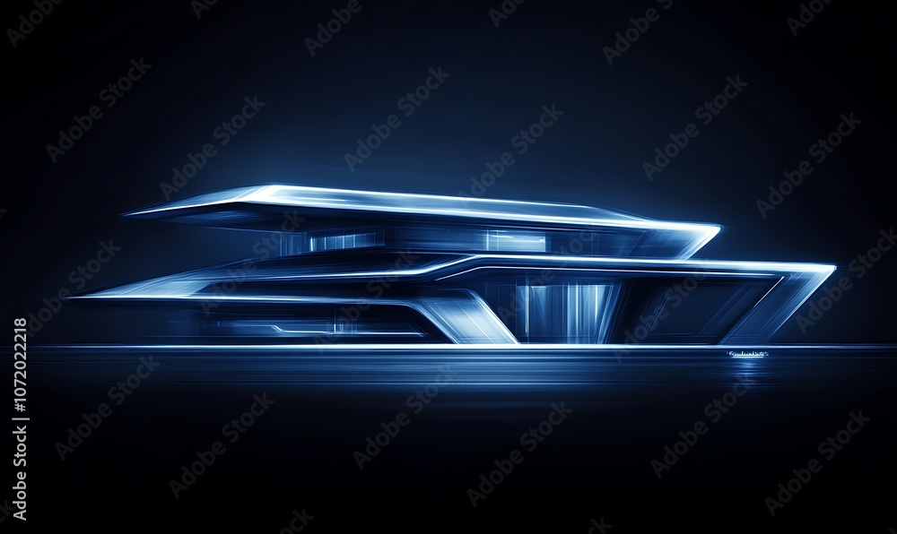 Aufkleber a sleek, futuristic building design featuring layered platforms illuminated by dynamic blue lighting